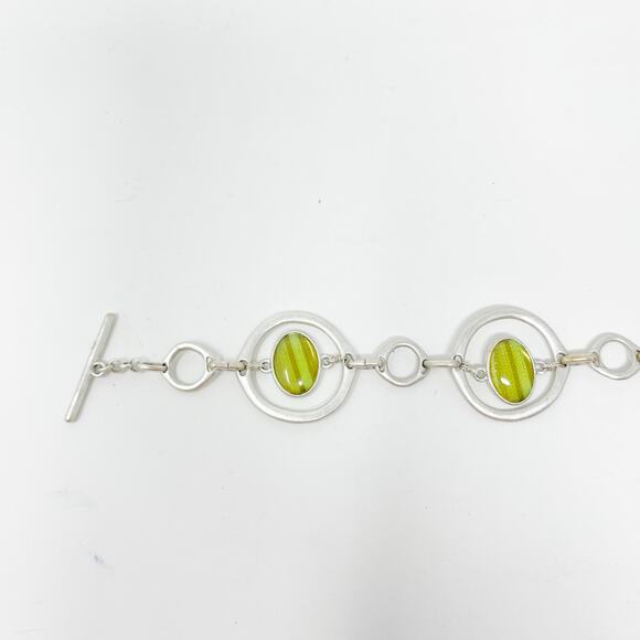 Boutique Silver Tone and Green Yellow Gemstone Bracelet Circle Toggle Closure - Picture 3 of 10